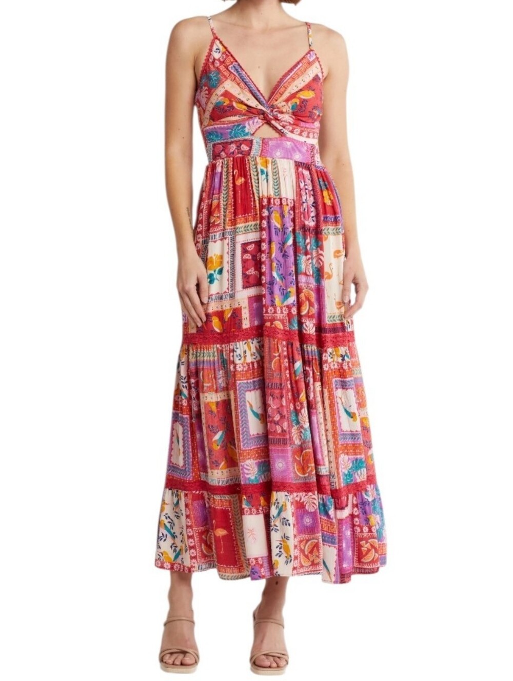 Angie Fruit Print Tiered Babydoll Maxi Dress L Island Resort Vacation Boho
